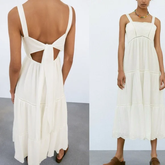 Zara Pintuck Tiered Midi Dress Tie Back Ladder Detail Beige Ecru Small S - Picture 1 of 11